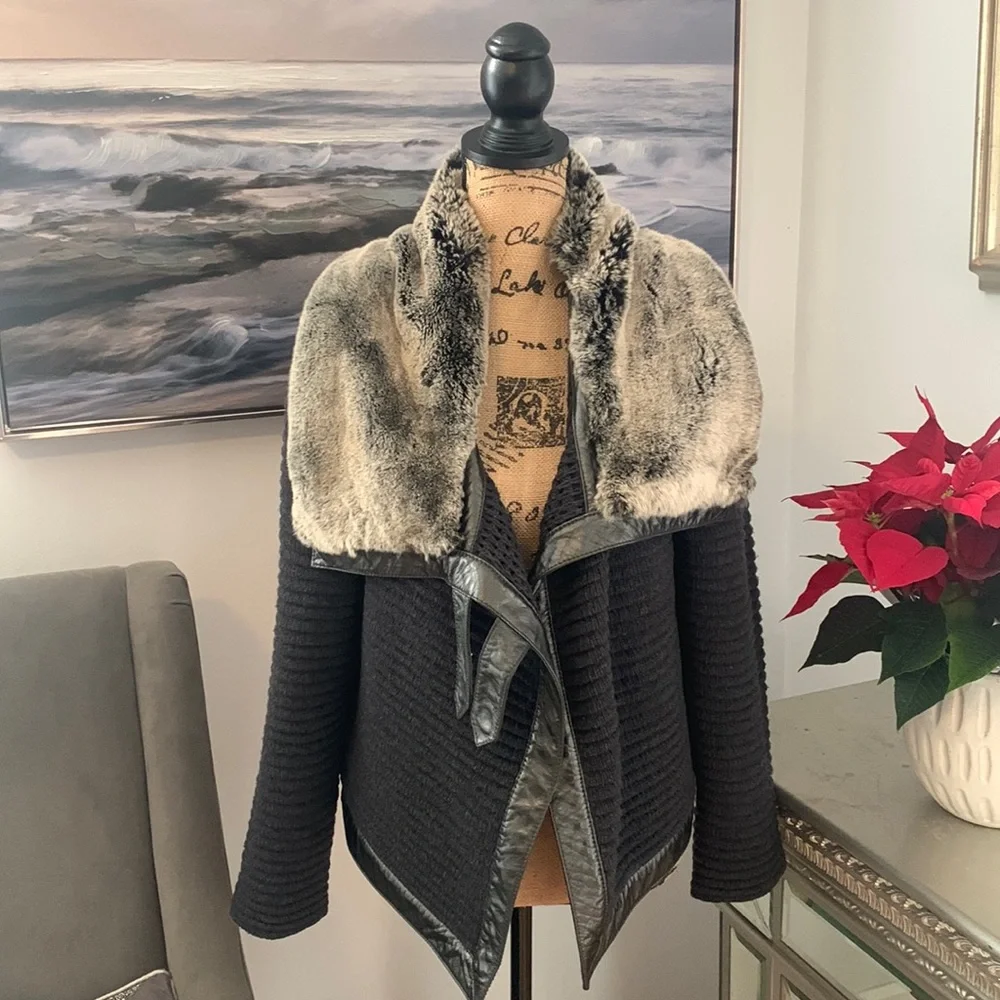 ST. JOHN Designer fur Coat Jacket Leather Wool Rabbit Gray S 4 6 Luxury - Picture 3 of 14